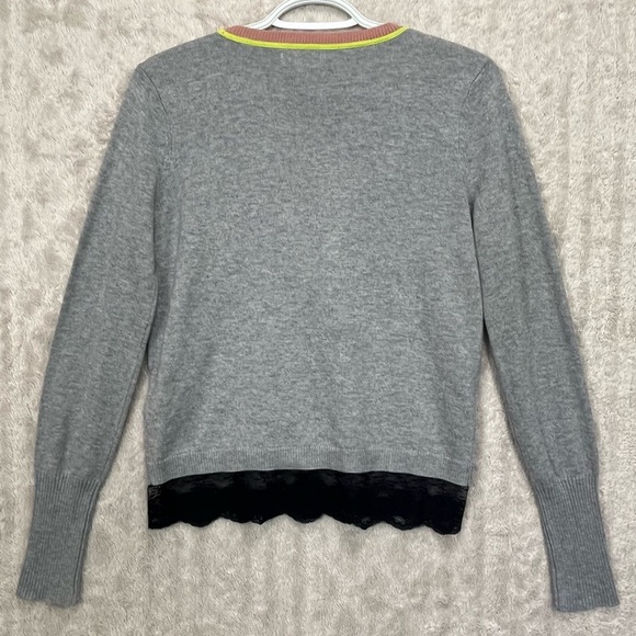 Princess Vera Wang Gray Button Cardigan Sweater Sz S Lace Hem Colorful Trim - Picture 12 of 16